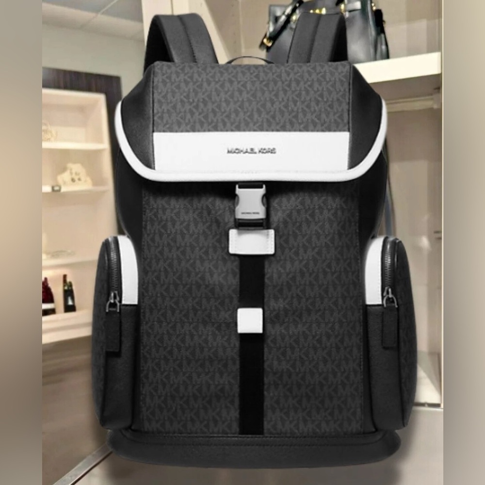 Michael Kors Black and White Backpack with Monogram Design